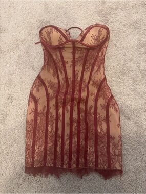 Strapless Burgundy Lace Bodycon Dress